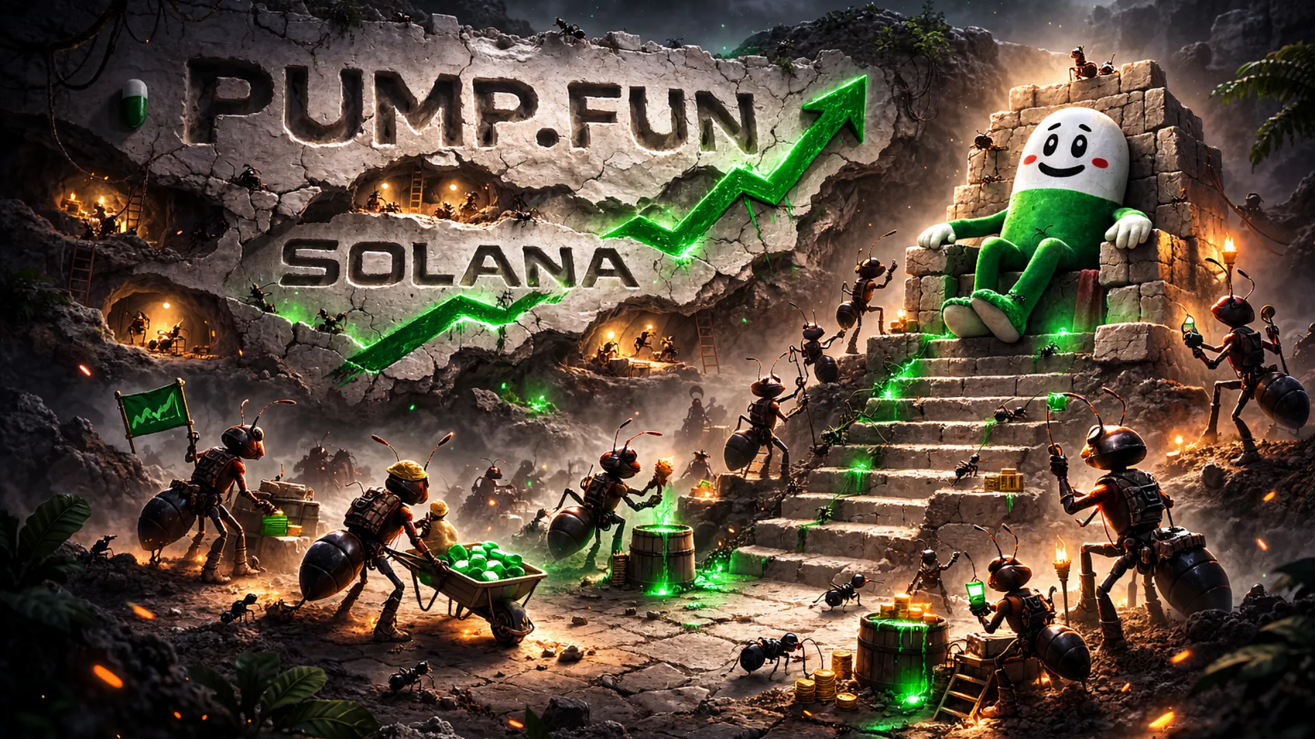 Antfun ants carving PUMP.FUN and SOLANA into the rock wall
